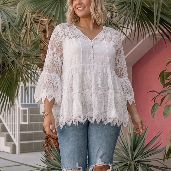 Impressions Tops - Impressions Lace Tiered Bohemian Cottagecore Babydoll White Top 2X Top